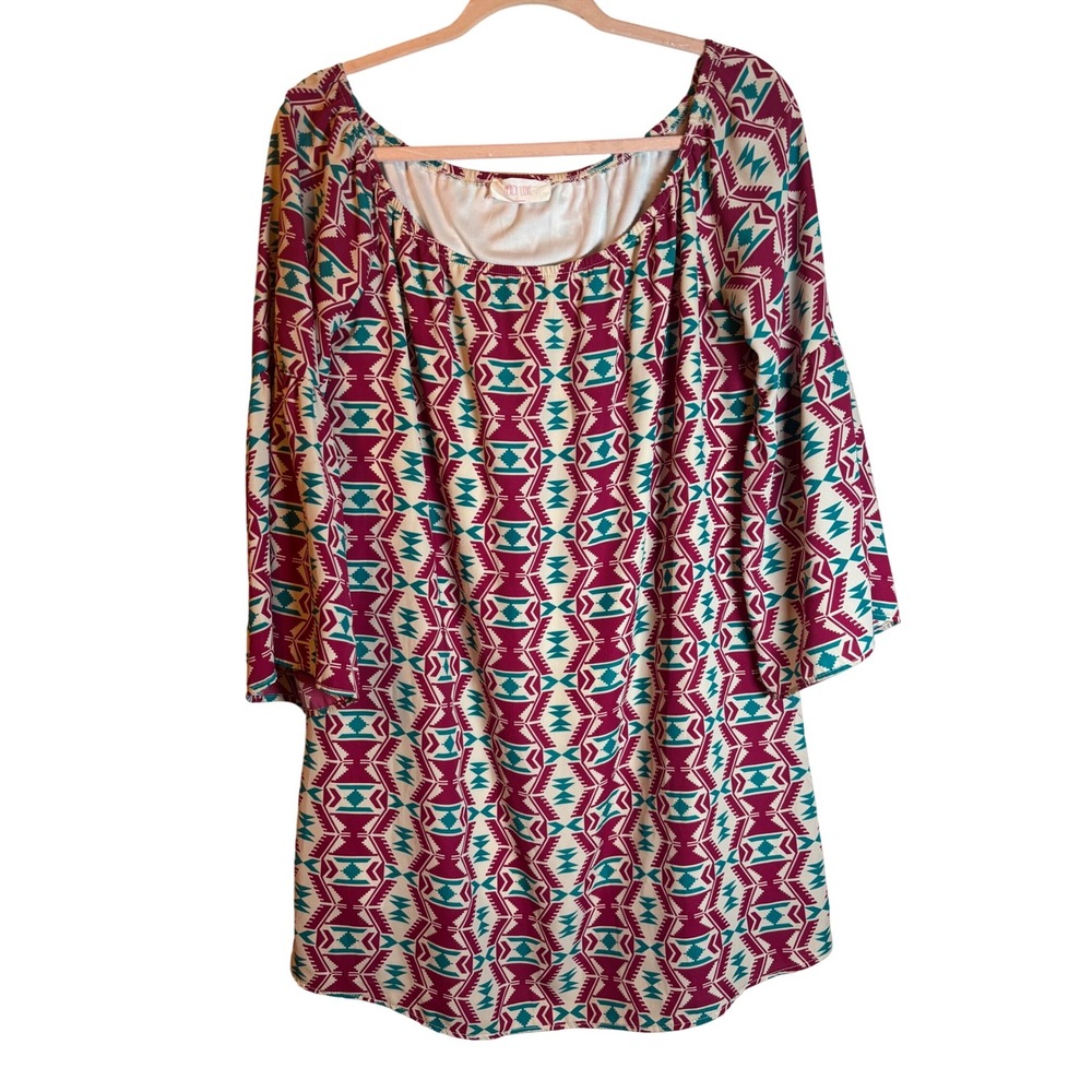 Peach Love California Dress Aztec Print 3/4 Sleeve Shift Beige Burgundy Teal M‎